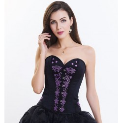 Le corset en satin noir broderies lavande